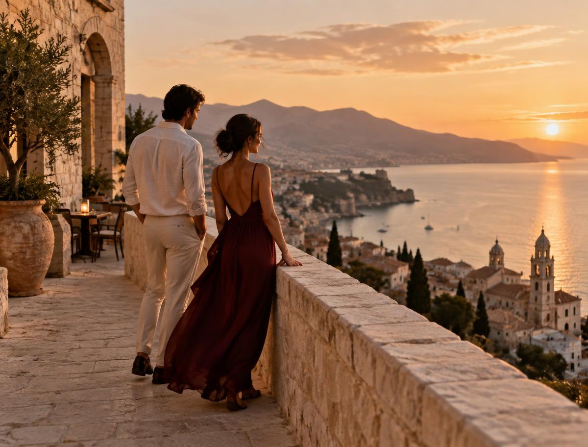 A couple overlooking a coastal city